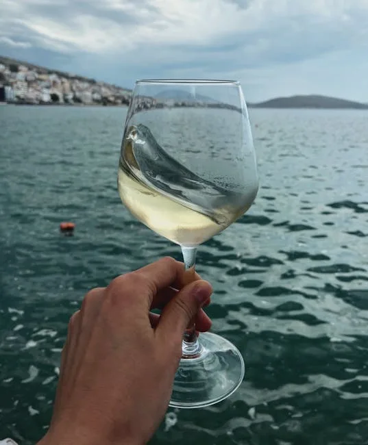 Main tenant un verre de vin blanc face à la mer de Cinque Terre