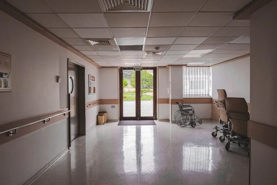 Couloir d’hôpital vide avec fauteuil roulant et chaises médicales près de la sortie