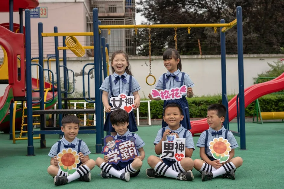 Groupe d'enfants en uniforme souriant sur un terrain de jeu