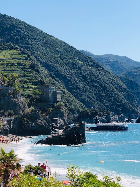 Plage rocheuse et mer turquoise sous les terrasses de vignobles à Cinque Terre