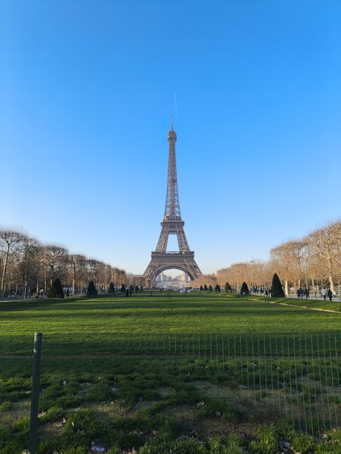 Widok na Wieżę Eiffla o zachodzie słońca z trawnika Champ de Mars