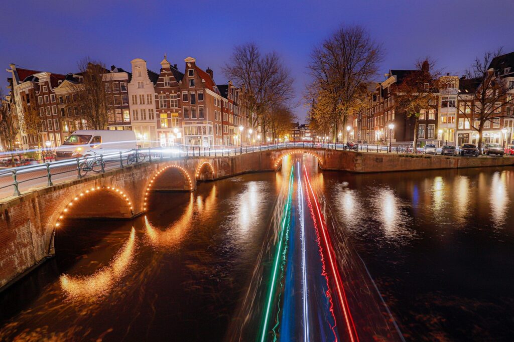 Illuminated canal bridge during Amsterdam Light Festival