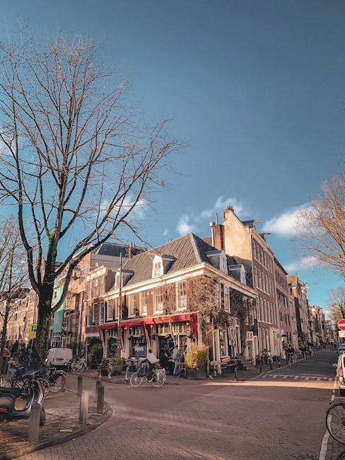 Smalle straat in de Jordaan met fietsen en ochtendlicht