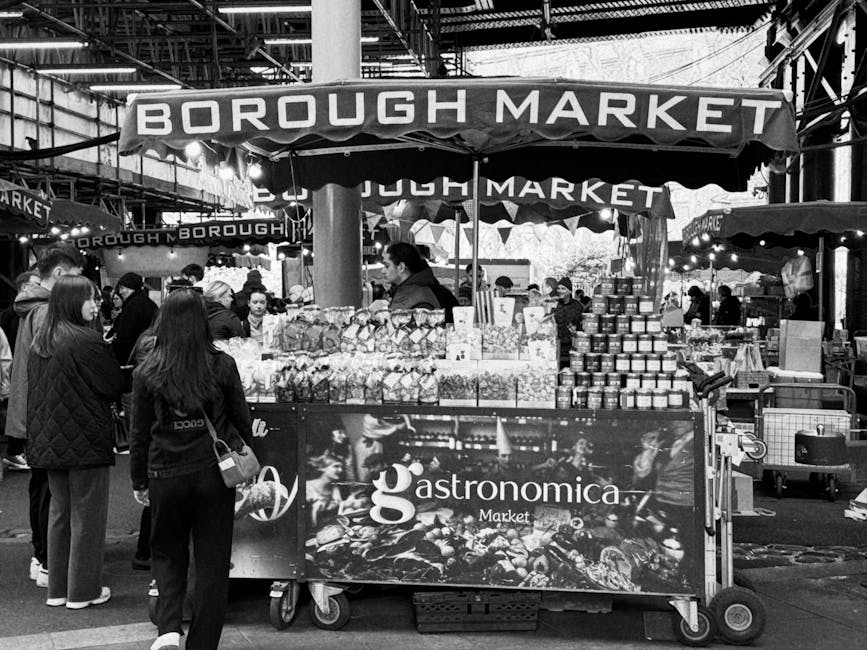 Nahaufnahme von Essensständen auf dem Borough Market