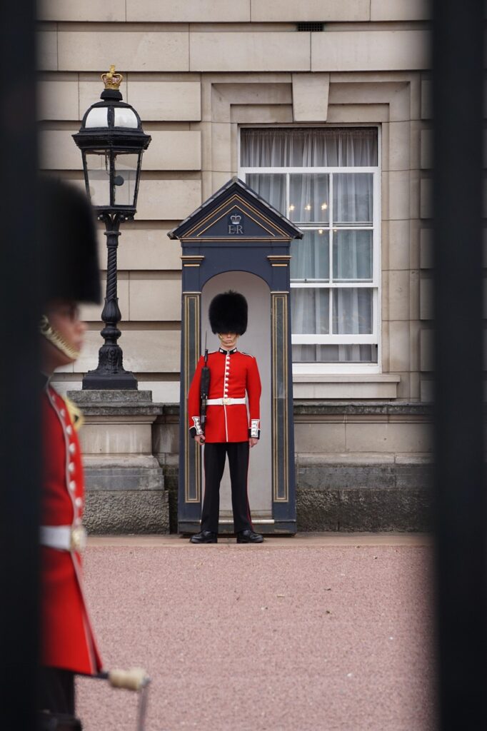 Close-up of the Buckingham Palace guards during the changing of the guard