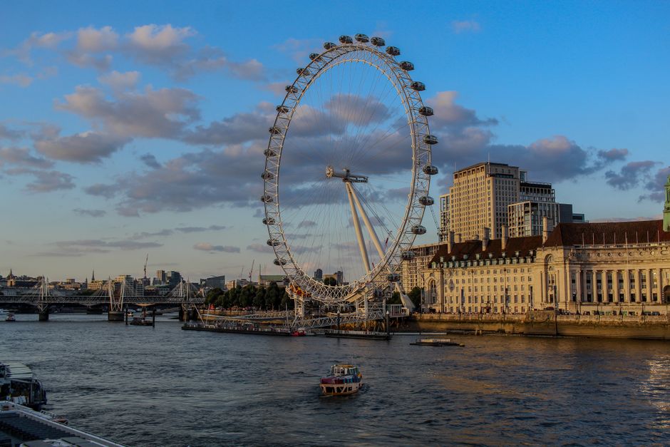 London Eye river view at sunset with people on the riverbank