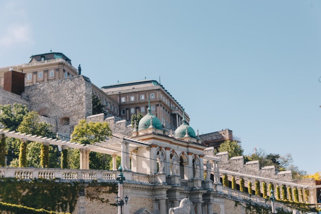 Buda Castle courtyard view from bridge with tourists