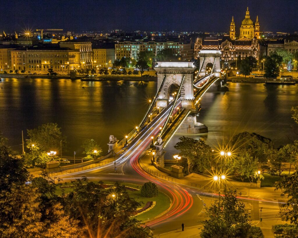 Budapest skyline at night with illuminated bridges over the Danube