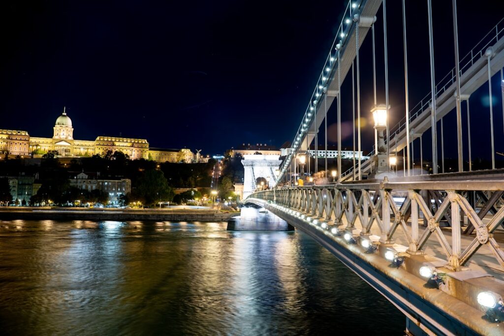 Kettenbrücke bei Nacht mit Lichtern, die sich in der Donau spiegeln