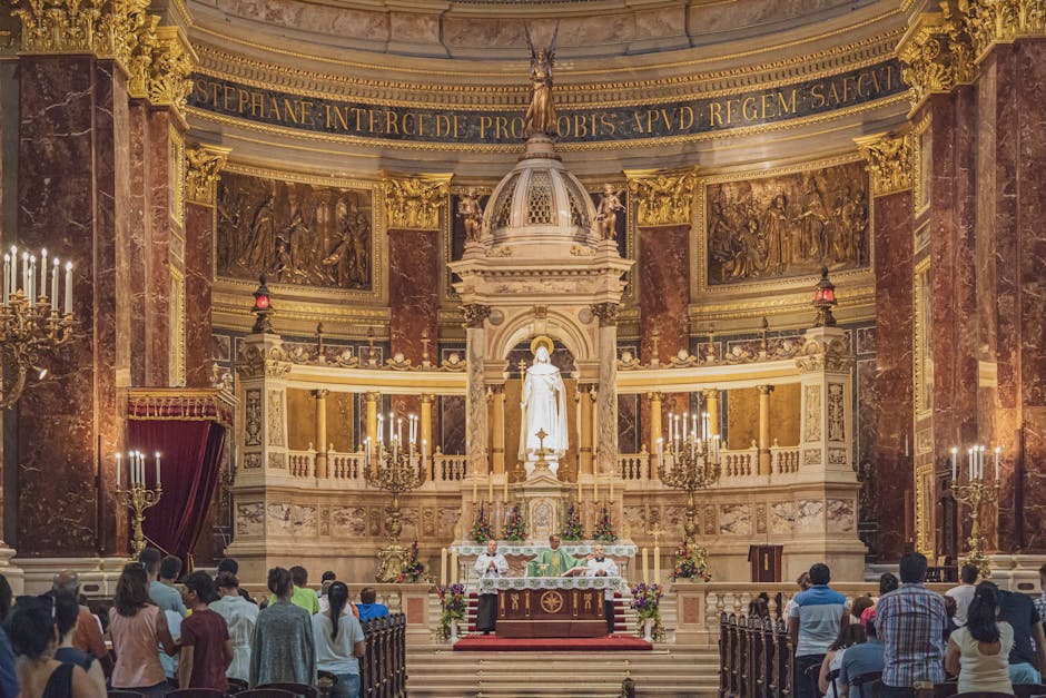 Interior of St. Stephen's Basilica during an evening service with visitors