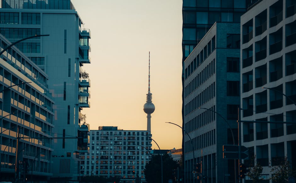 Berlin skyline at sunset with the Fernsehturm silhouette over Alexanderplatz