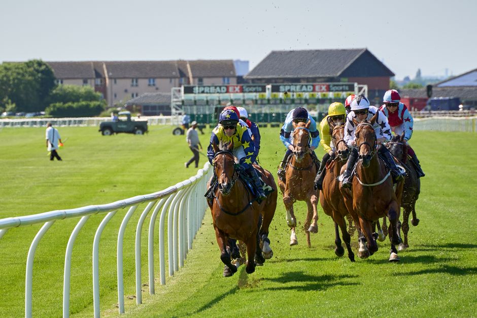 Horses racing at Musselburgh Racecourse on a sunny day