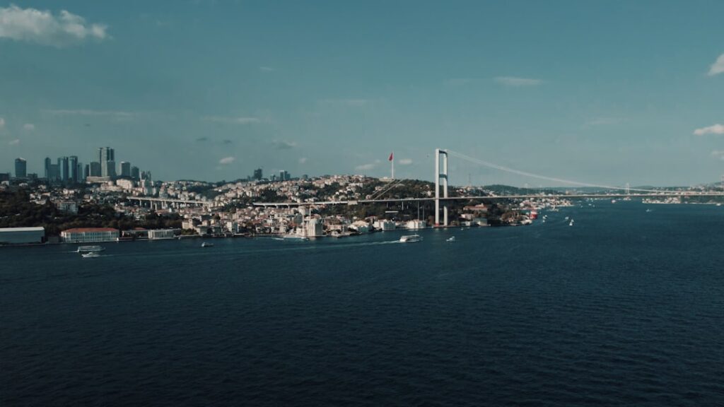 Bosphorus bridge at evening with traffic, view toward Ortaköy