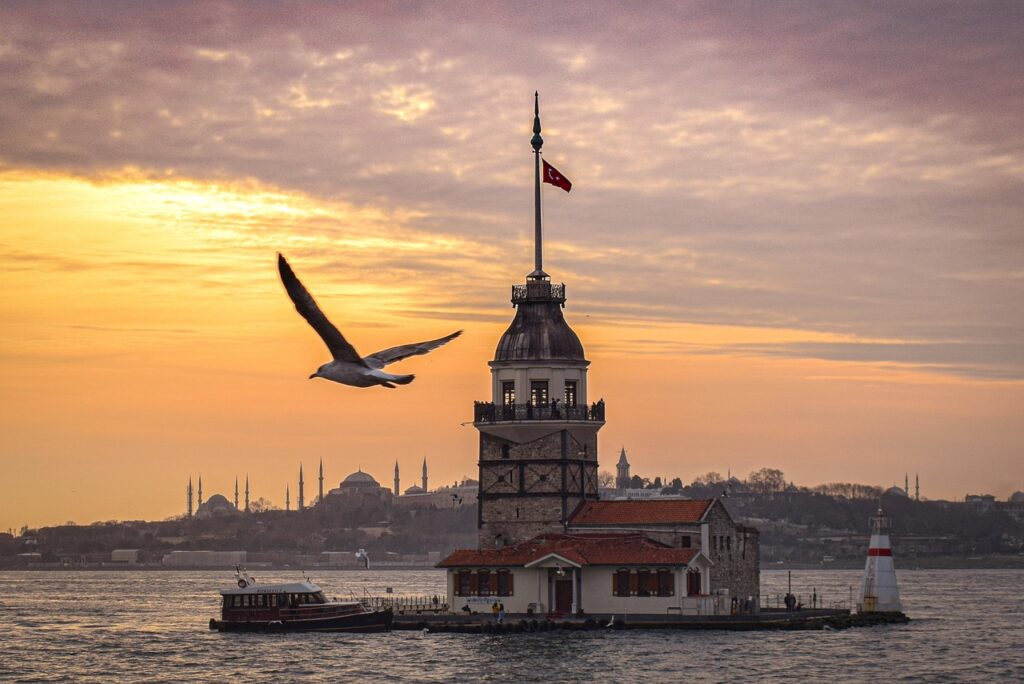 Bosphorus cruise at sunset with Istanbul skyline