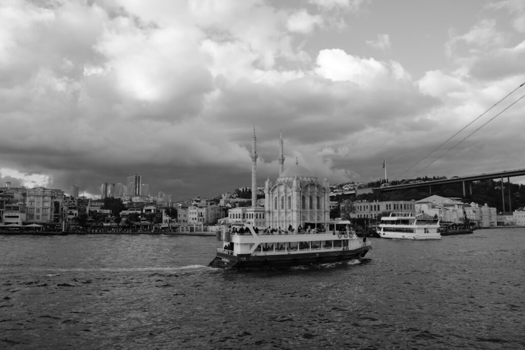 Narrow Bosphorus street café on a rainy day in Ortaköy