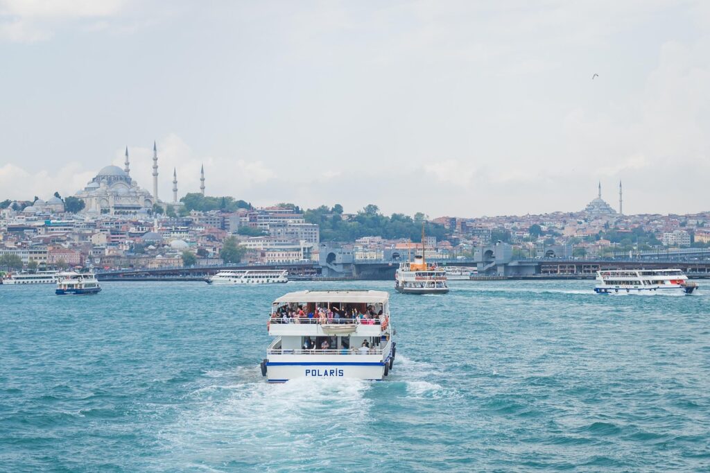 Ferry crossing from Eminönü to Kadıköy with skyline view
