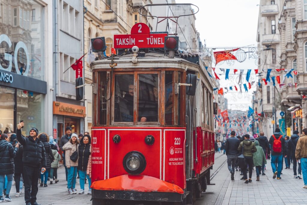 Istiklal Street in spring with flowers and shops