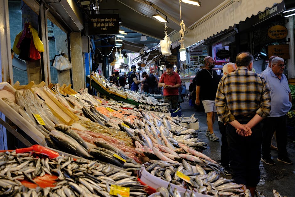 Kadıköy street market with fresh fish stalls