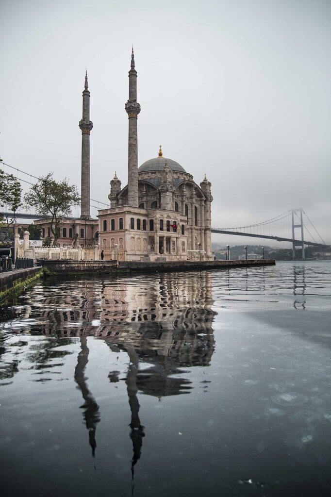 Ortaköy Mosque illuminated at night on the Bosphorus