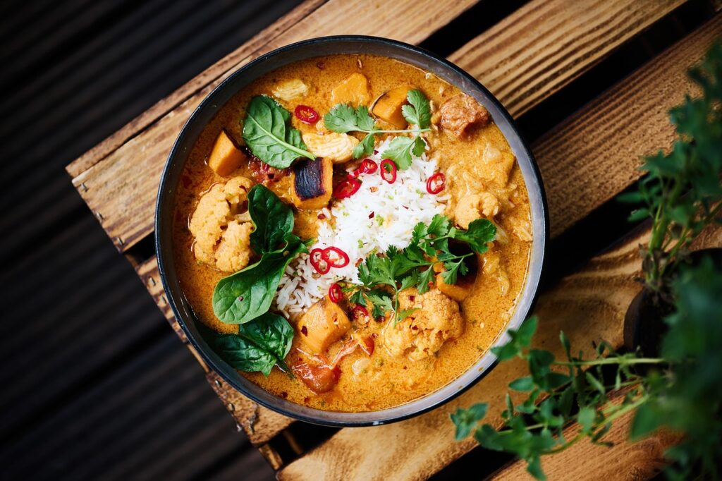 Vegan curry dish at Govinda’s restaurant interior in Istanbul