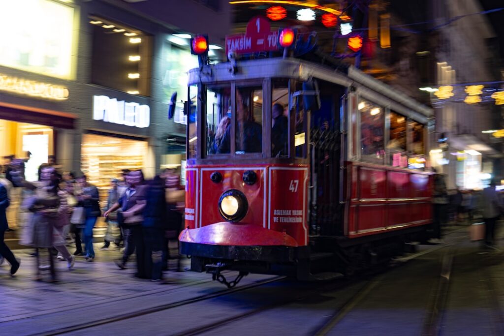 Tram at Taksim Square during sunset near Istiklal Street