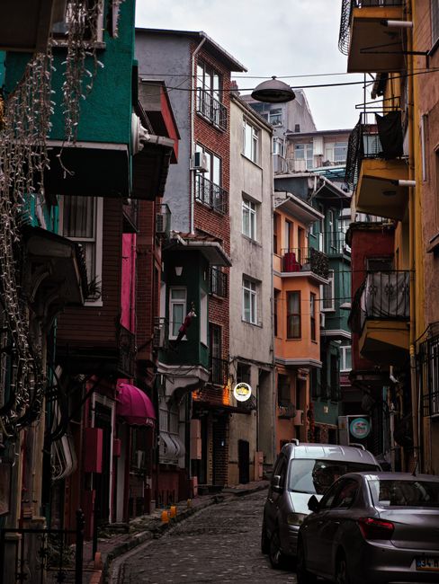 Colorful streets of Balat with painted houses and vintage doors