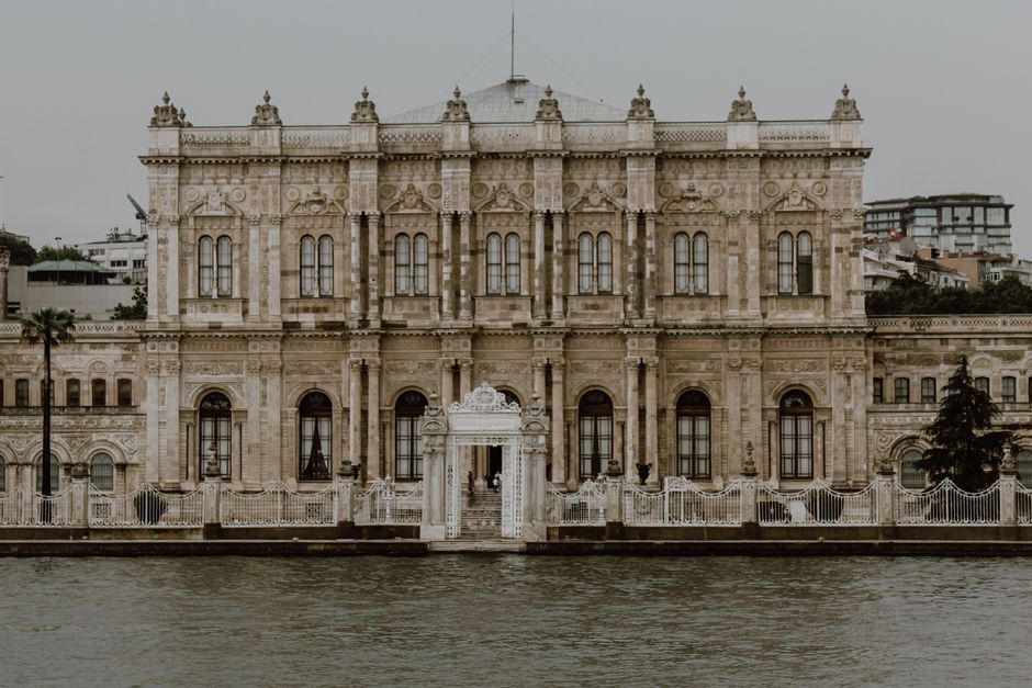 Dolmabahçe Palace waterfront facade with ornate gates