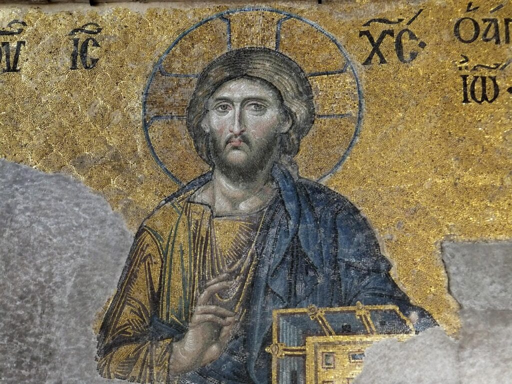 Interior of Hagia Sophia with Byzantine mosaics and large dome