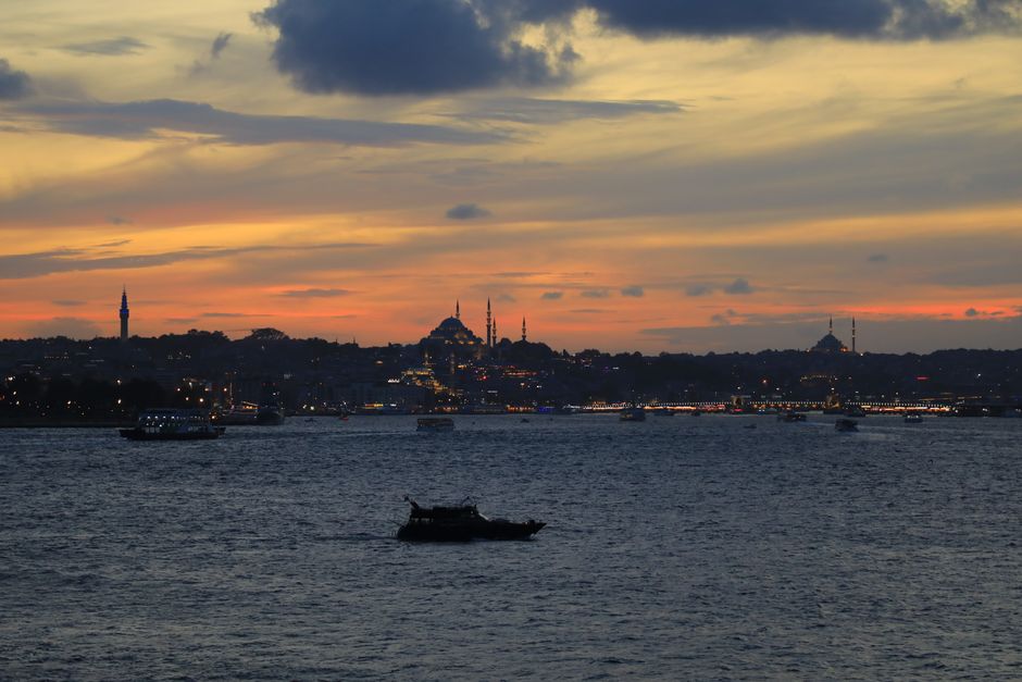 Istanbul skyline panoramic view across the Bosphorus at golden hour