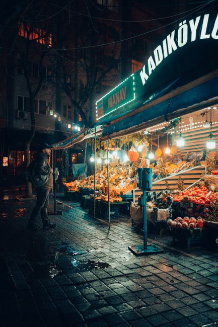 Kadıköy street market with colorful fresh produce stalls