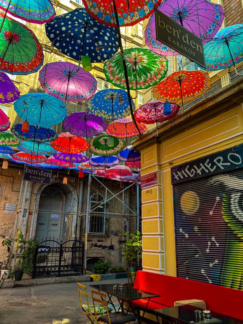 Karaköy waterfront cafes with colorful street art