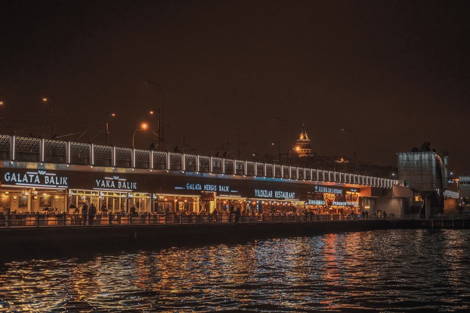 Night view from Galata Bridge with illuminated city lights