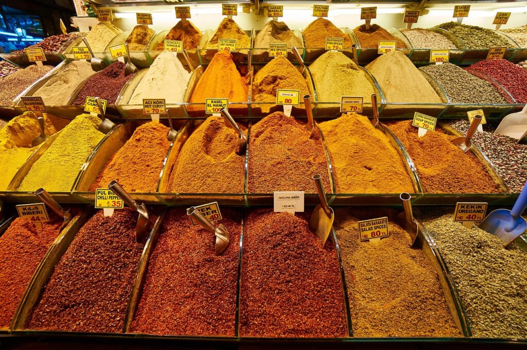Interior of the Spice Bazaar with colorful piles of spices