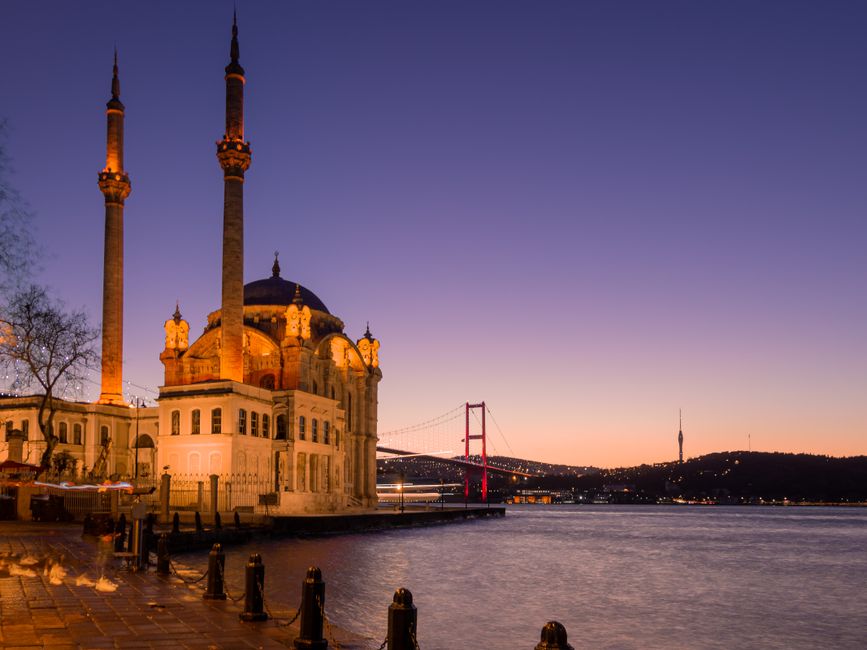 Sunset at Ortaköy Mosque with Bosphorus Bridge lights