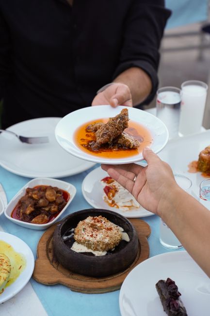 Traditional Turkish meze platter on a restaurant table