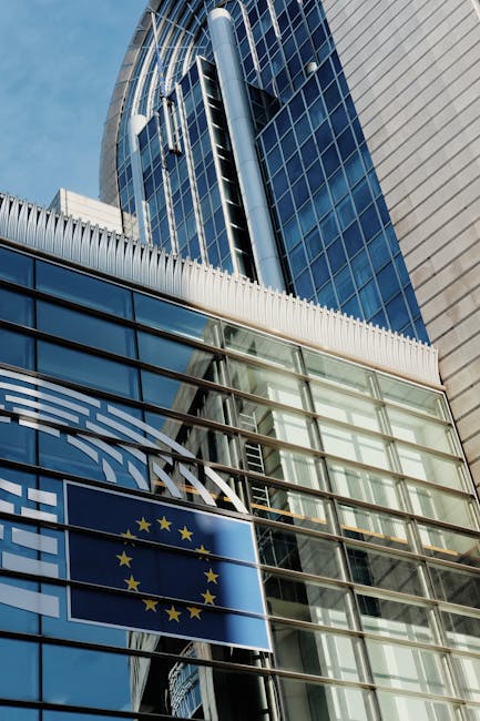 Modern gebouwen in het Europese kwartier van Brussel met vlaggen