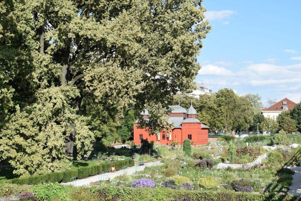 Garden view of the Matisse museum villa with artworks visible inside