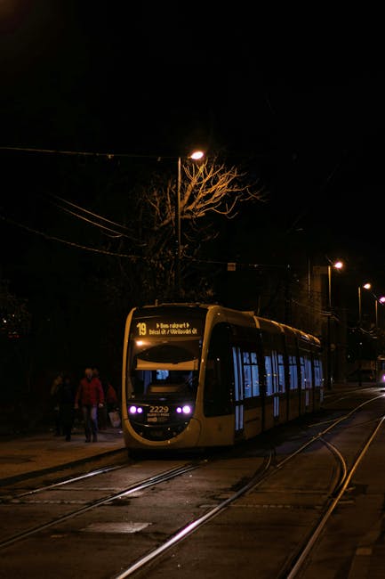 Tram di Nizza di notte con luci cittadine