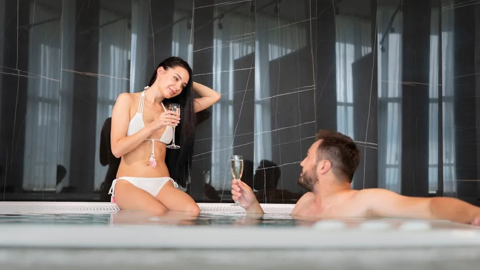 Para w basenie spa z kieliszkami szampana, relaks we dwoje