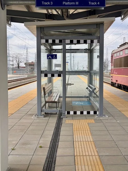 Peron kolejowy z przeszkloną poczekalnią i ścieżką dotykową