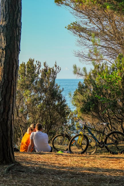 Couple assis parmi les pins, vélos garés, vue sur la mer de Pise