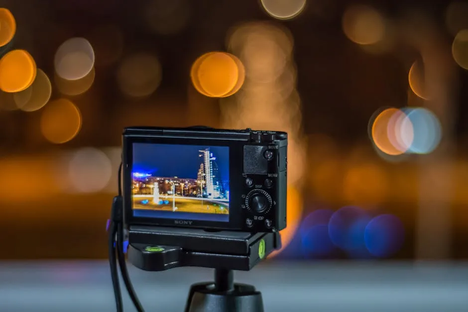 Aparat na statywie fotografujący nocne światła miasta w Pizie
