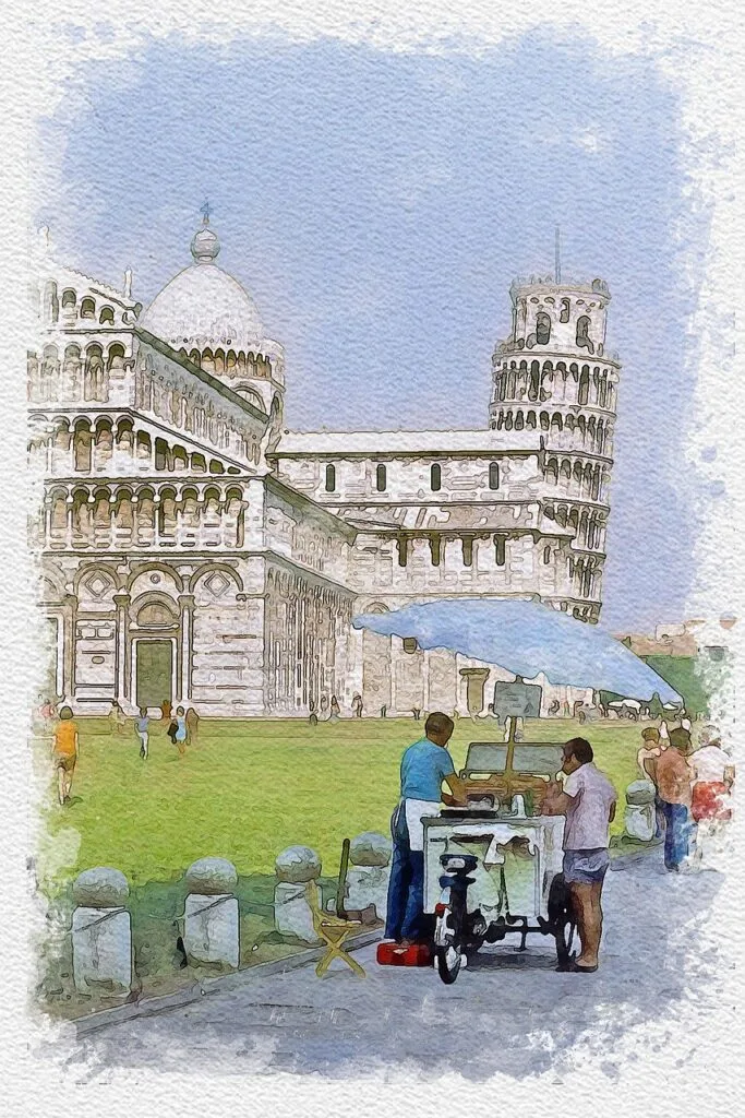 Zachód słońca na Piazza dei Miracoli - sylwetka Krzywej Wieży