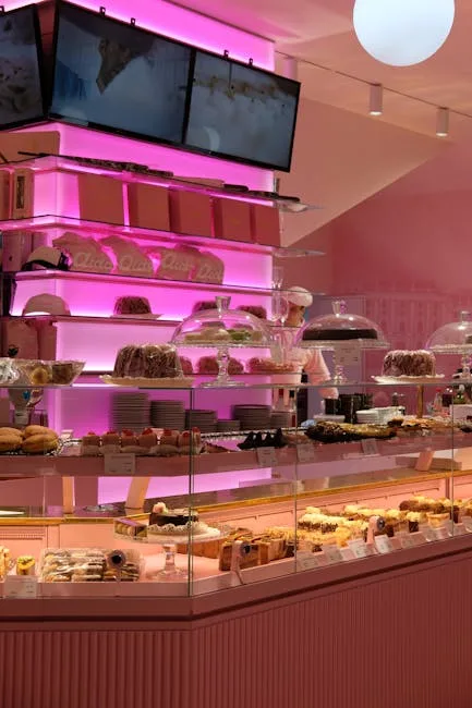 Salon de pâtisserie moderne éclairé de rose avec gâteaux sous cloche