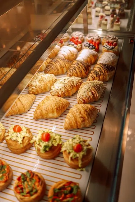Croissants feuilletés et tartelettes salées alignés dans une vitrine