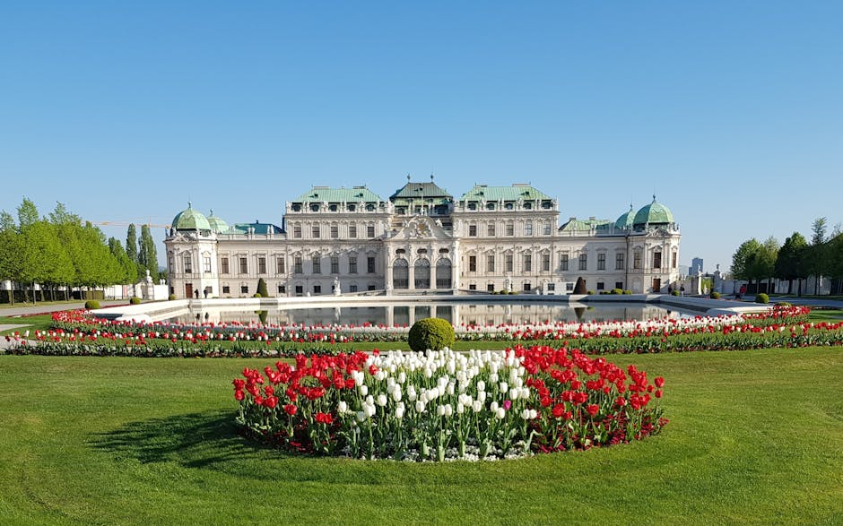 Upper Belvedere gardens in spring with Klimt's painting inside