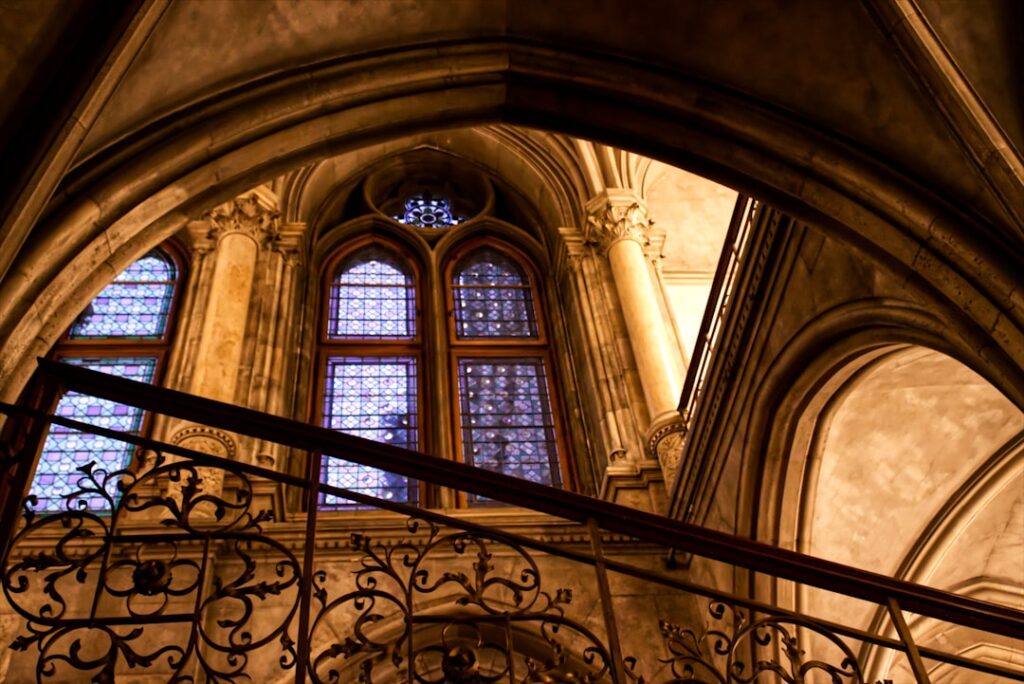 Close-up of St. Stephen's Cathedral interior stained glass in Vienna