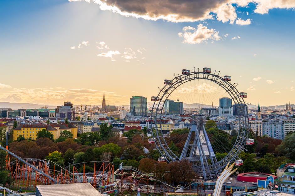 Panorama di Vienna con punti di riferimento ospedalieri al tramonto