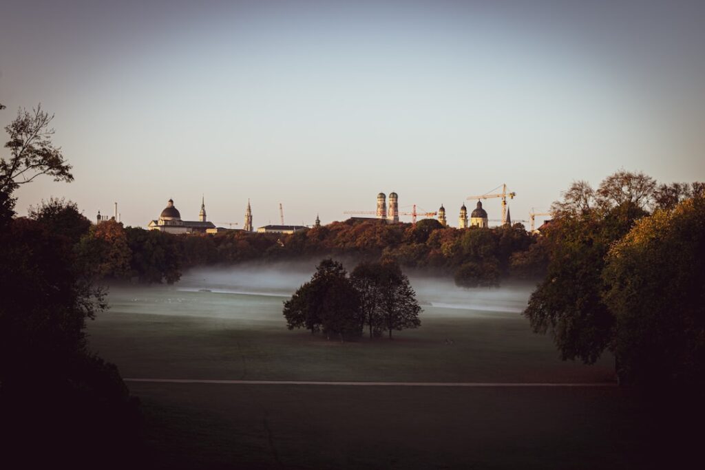 Munich skyline from the Englischer Garten at sunset