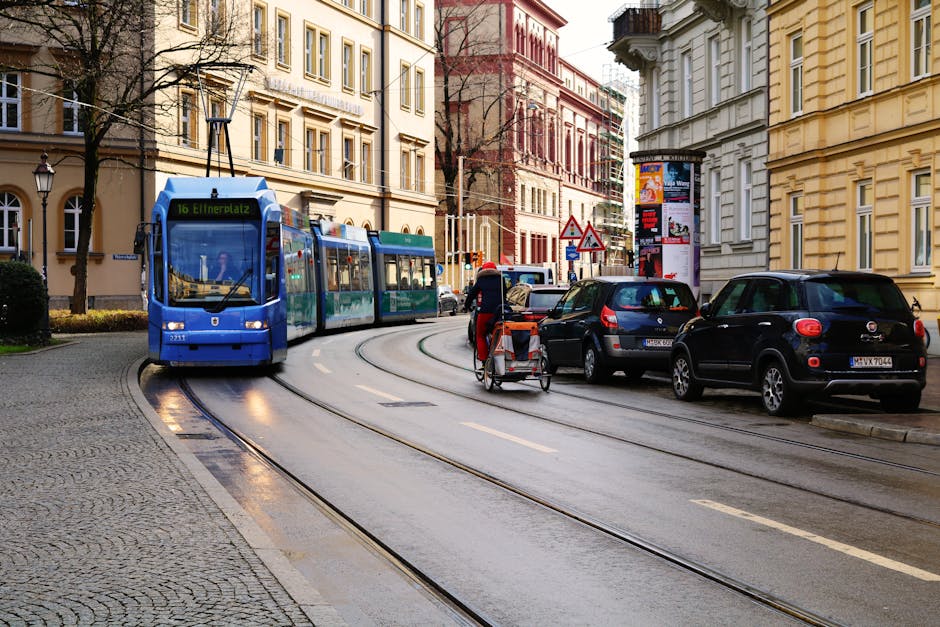 Scenic tram avenue in Munich with relaxed locals